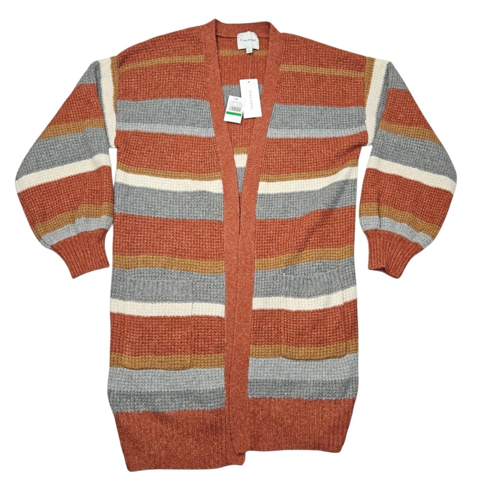 Pink Rose Russet Stripe Longline Open Front Cardigan Sweater Sz L NWT